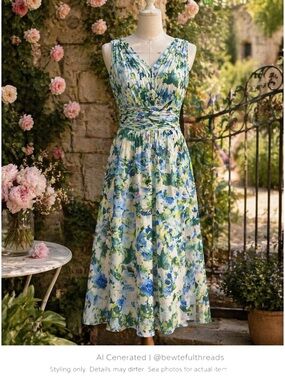 Romantic Blue Floral Silk Blend Midi Dress Floaty Wedding Guest